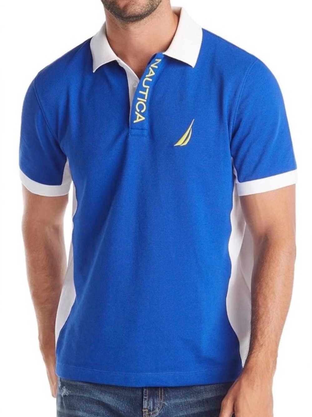 Nautica Polo Shirt Mens CL Blue White Striped Collared Short Sleeve
Sailing